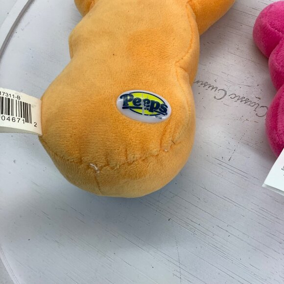 Peeps Plush Bunny Set Of 2  Yellow With Overalls Pink Easter Holiday - Picture 3 of 6